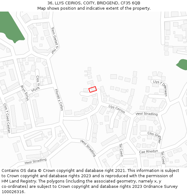 36, LLYS CEIRIOS, COITY, BRIDGEND, CF35 6QB: Location map and indicative extent of plot