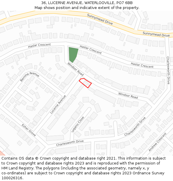 36, LUCERNE AVENUE, WATERLOOVILLE, PO7 6BB: Location map and indicative extent of plot