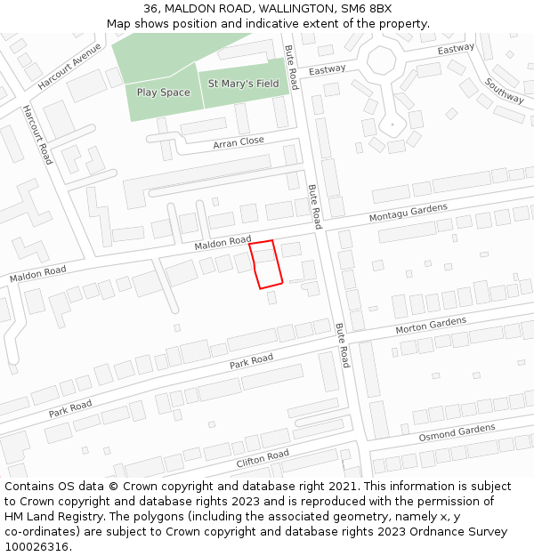 36, MALDON ROAD, WALLINGTON, SM6 8BX: Location map and indicative extent of plot