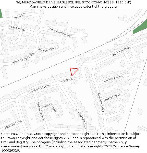 36, MEADOWFIELD DRIVE, EAGLESCLIFFE, STOCKTON-ON-TEES, TS16 0HQ: Location map and indicative extent of plot