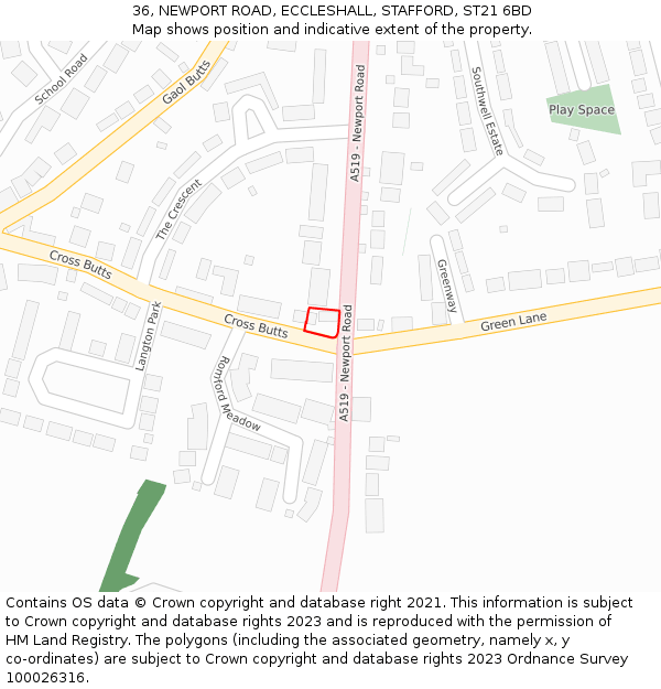 36, NEWPORT ROAD, ECCLESHALL, STAFFORD, ST21 6BD: Location map and indicative extent of plot