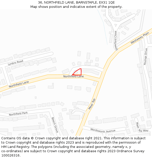 36, NORTHFIELD LANE, BARNSTAPLE, EX31 1QE: Location map and indicative extent of plot