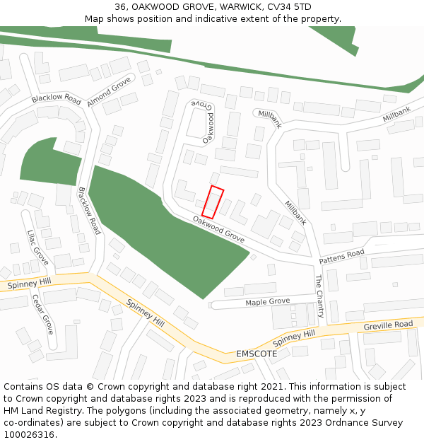 36, OAKWOOD GROVE, WARWICK, CV34 5TD: Location map and indicative extent of plot