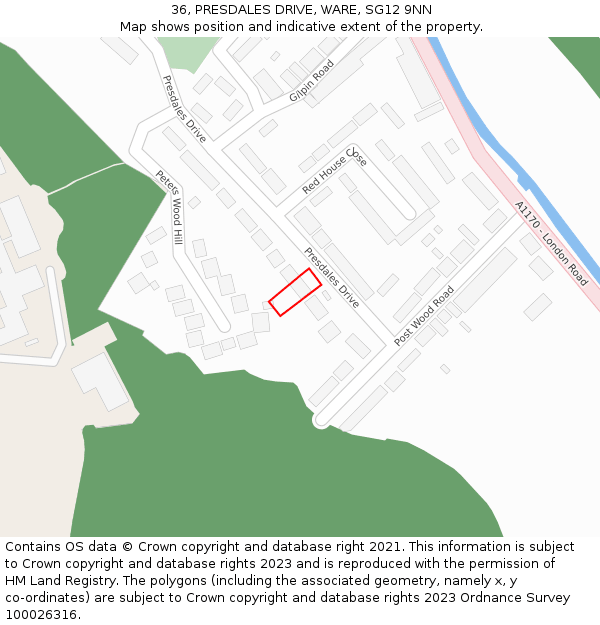 36, PRESDALES DRIVE, WARE, SG12 9NN: Location map and indicative extent of plot