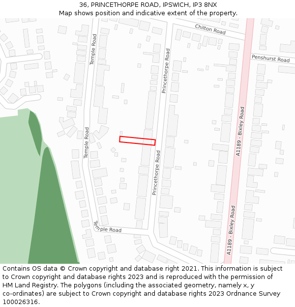 36, PRINCETHORPE ROAD, IPSWICH, IP3 8NX: Location map and indicative extent of plot