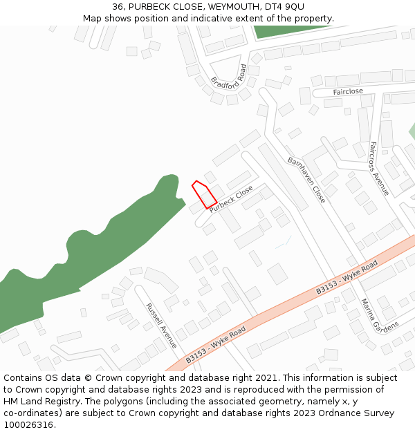 36, PURBECK CLOSE, WEYMOUTH, DT4 9QU: Location map and indicative extent of plot