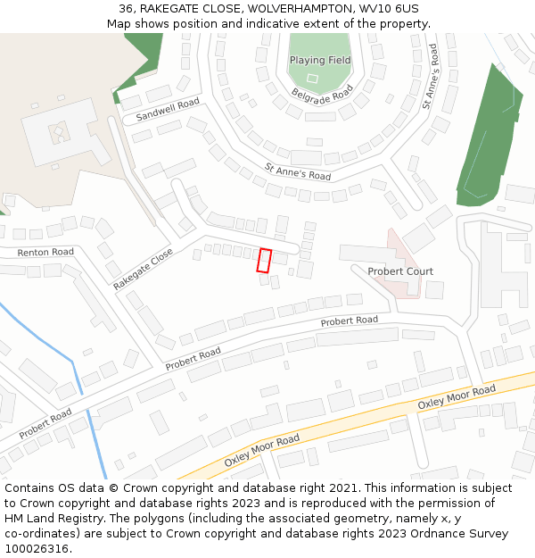 36, RAKEGATE CLOSE, WOLVERHAMPTON, WV10 6US: Location map and indicative extent of plot