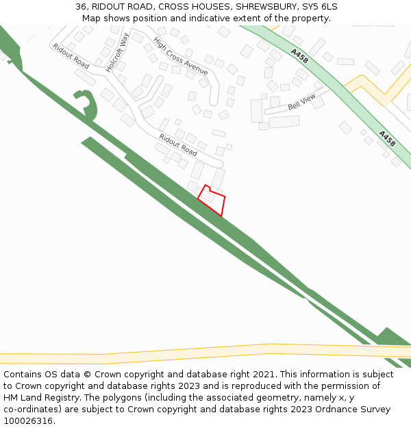 36, RIDOUT ROAD, CROSS HOUSES, SHREWSBURY, SY5 6LS: Location map and indicative extent of plot