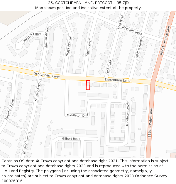 36, SCOTCHBARN LANE, PRESCOT, L35 7JD: Location map and indicative extent of plot