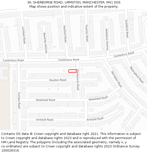 36, SHERBORNE ROAD, URMSTON, MANCHESTER, M41 0GS: Location map and indicative extent of plot