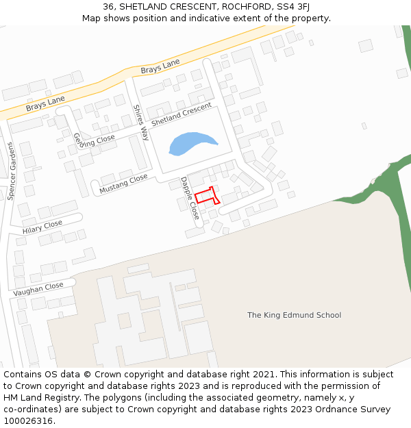 36, SHETLAND CRESCENT, ROCHFORD, SS4 3FJ: Location map and indicative extent of plot