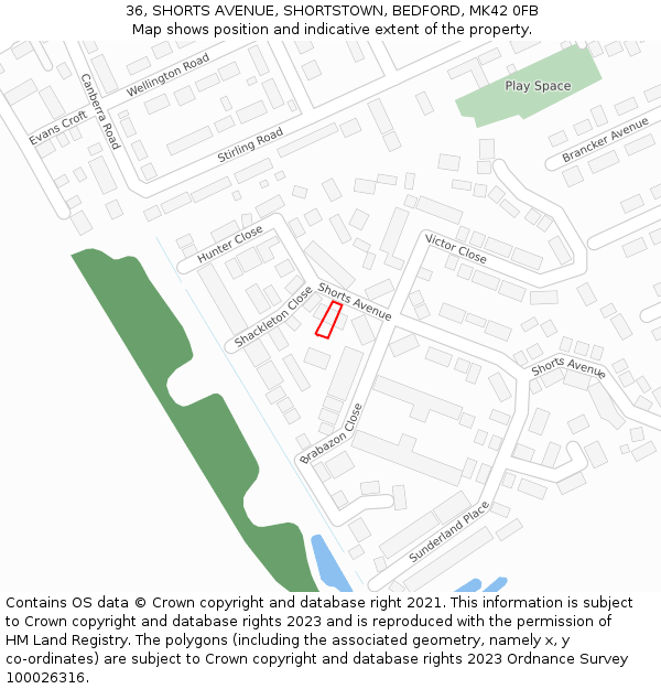 36, SHORTS AVENUE, SHORTSTOWN, BEDFORD, MK42 0FB: Location map and indicative extent of plot