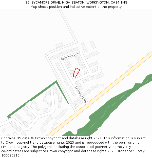 36, SYCAMORE DRIVE, HIGH SEATON, WORKINGTON, CA14 1NG: Location map and indicative extent of plot