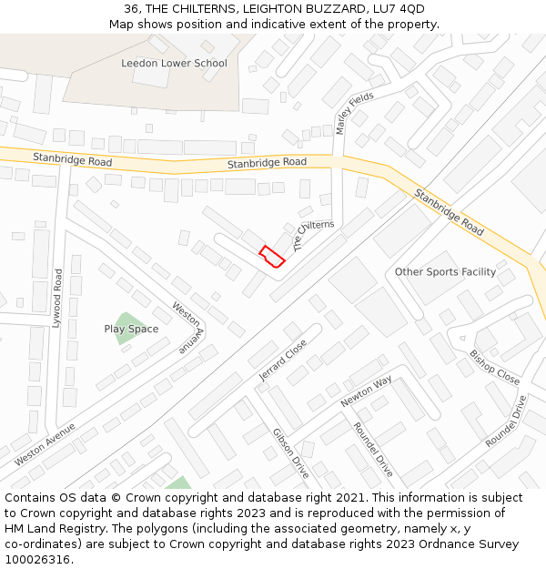 36, THE CHILTERNS, LEIGHTON BUZZARD, LU7 4QD: Location map and indicative extent of plot