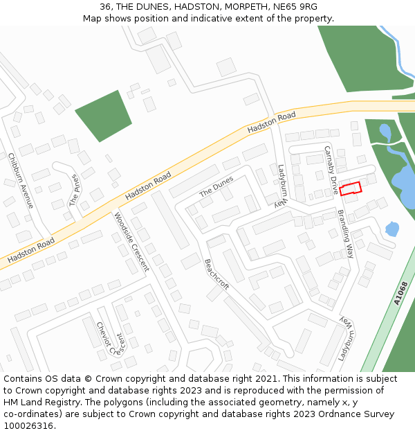 36, THE DUNES, HADSTON, MORPETH, NE65 9RG: Location map and indicative extent of plot