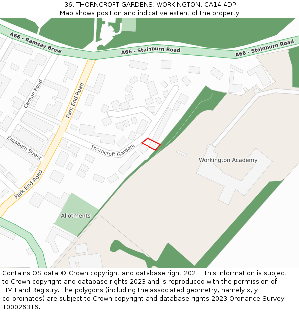 36, THORNCROFT GARDENS, WORKINGTON, CA14 4DP: Location map and indicative extent of plot