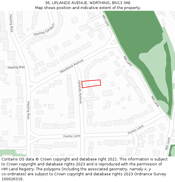 36, UPLANDS AVENUE, WORTHING, BN13 3AE: Location map and indicative extent of plot