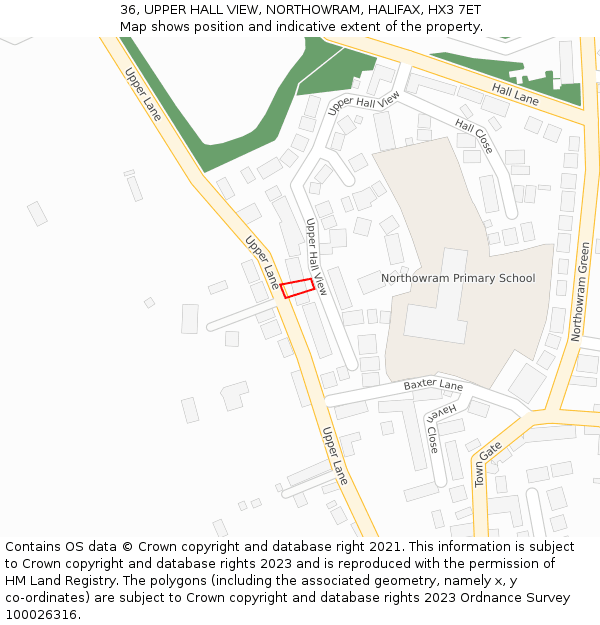 36, UPPER HALL VIEW, NORTHOWRAM, HALIFAX, HX3 7ET: Location map and indicative extent of plot