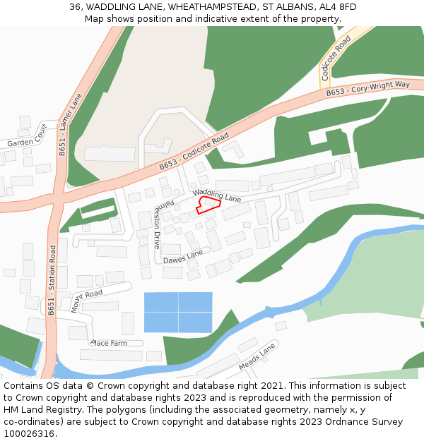 36, WADDLING LANE, WHEATHAMPSTEAD, ST ALBANS, AL4 8FD: Location map and indicative extent of plot