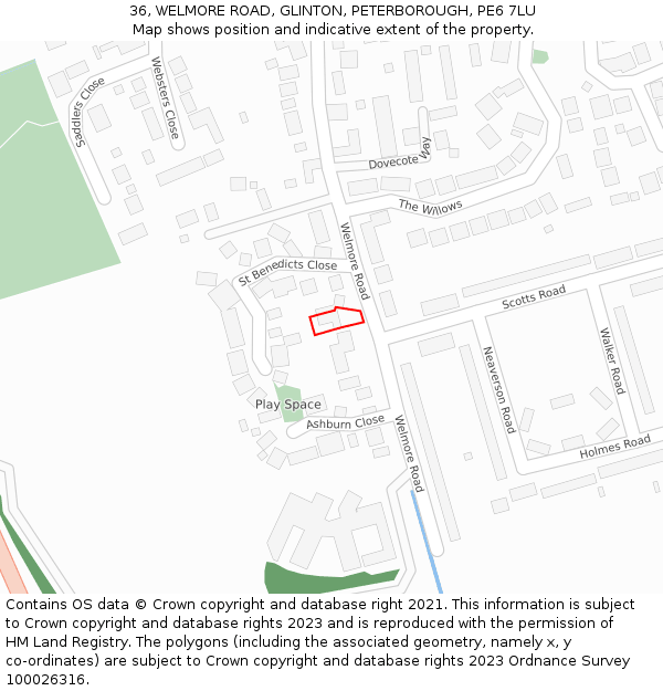 36, WELMORE ROAD, GLINTON, PETERBOROUGH, PE6 7LU: Location map and indicative extent of plot