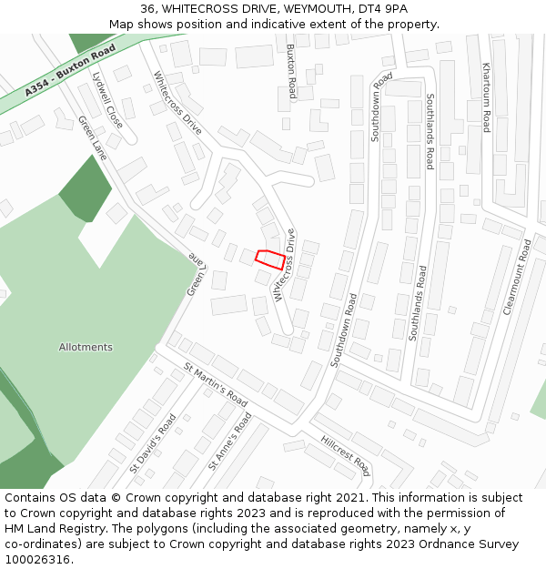 36, WHITECROSS DRIVE, WEYMOUTH, DT4 9PA: Location map and indicative extent of plot