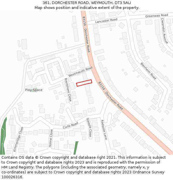 361, DORCHESTER ROAD, WEYMOUTH, DT3 5AU: Location map and indicative extent of plot