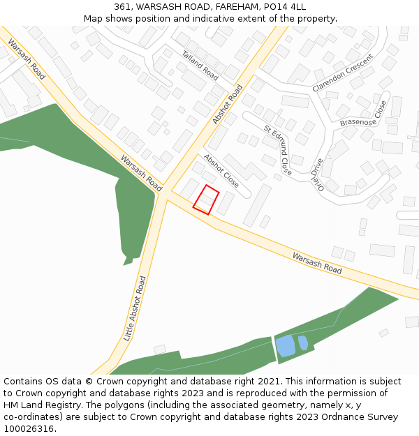 361, WARSASH ROAD, FAREHAM, PO14 4LL: Location map and indicative extent of plot