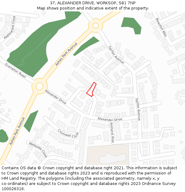 37, ALEXANDER DRIVE, WORKSOP, S81 7NP: Location map and indicative extent of plot