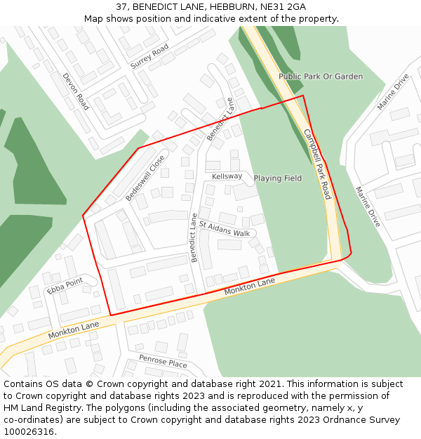 37, BENEDICT LANE, HEBBURN, NE31 2GA: Location map and indicative extent of plot