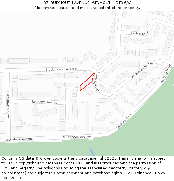 37, BUDMOUTH AVENUE, WEYMOUTH, DT3 6JW: Location map and indicative extent of plot