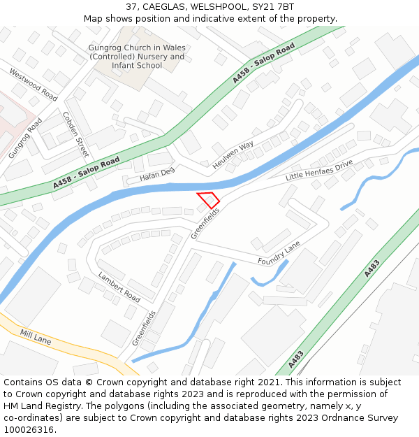 37, CAEGLAS, WELSHPOOL, SY21 7BT: Location map and indicative extent of plot