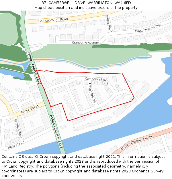 37, CAMBERWELL DRIVE, WARRINGTON, WA4 6FD: Location map and indicative extent of plot