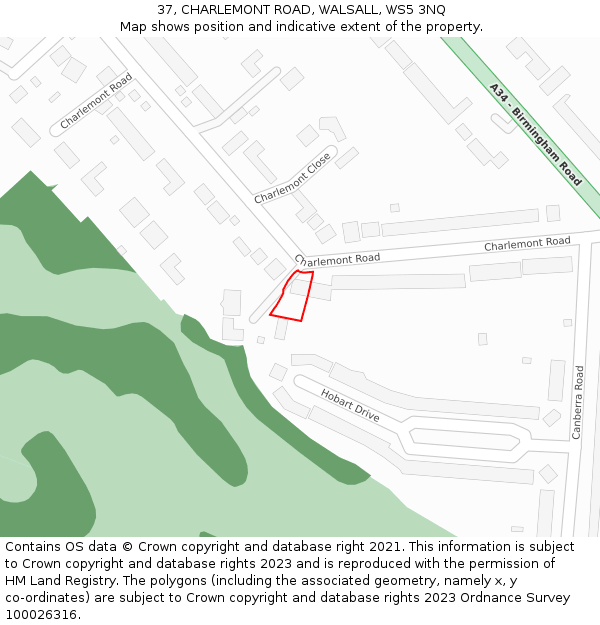 37, CHARLEMONT ROAD, WALSALL, WS5 3NQ: Location map and indicative extent of plot