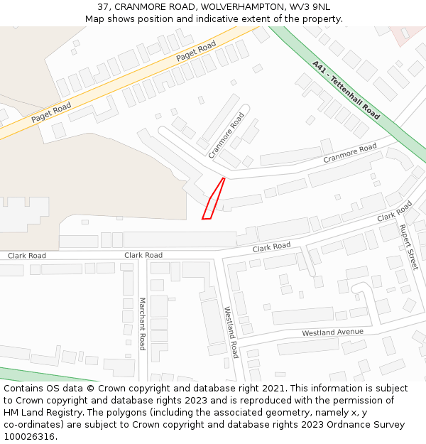 37, CRANMORE ROAD, WOLVERHAMPTON, WV3 9NL: Location map and indicative extent of plot
