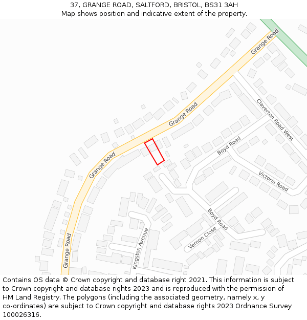 37, GRANGE ROAD, SALTFORD, BRISTOL, BS31 3AH: Location map and indicative extent of plot