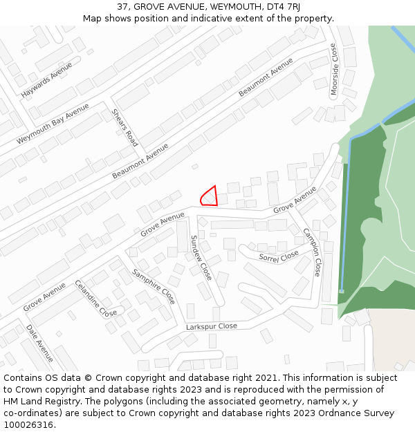 37, GROVE AVENUE, WEYMOUTH, DT4 7RJ: Location map and indicative extent of plot