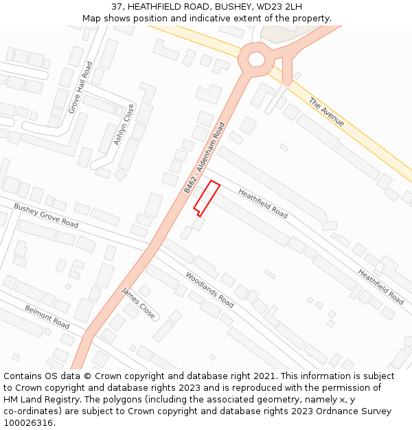 37, HEATHFIELD ROAD, BUSHEY, WD23 2LH: Location map and indicative extent of plot