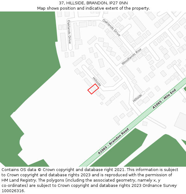 37, HILLSIDE, BRANDON, IP27 0NN: Location map and indicative extent of plot