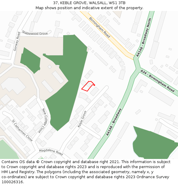 37, KEBLE GROVE, WALSALL, WS1 3TB: Location map and indicative extent of plot