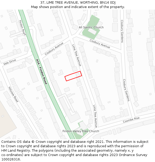 37, LIME TREE AVENUE, WORTHING, BN14 0DJ: Location map and indicative extent of plot