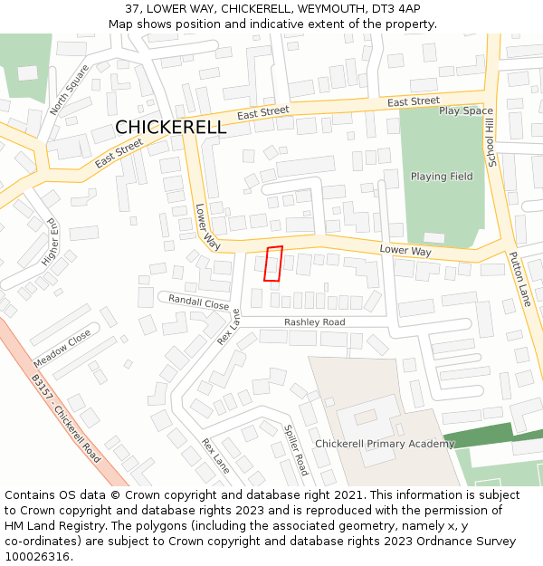 37, LOWER WAY, CHICKERELL, WEYMOUTH, DT3 4AP: Location map and indicative extent of plot