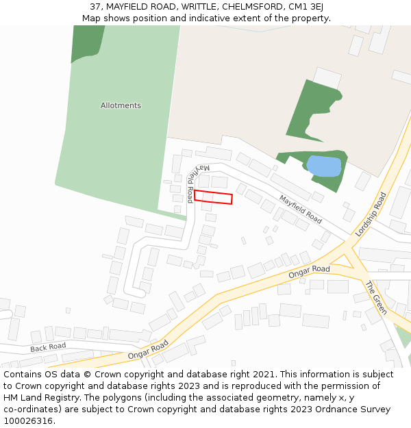 37, MAYFIELD ROAD, WRITTLE, CHELMSFORD, CM1 3EJ: Location map and indicative extent of plot