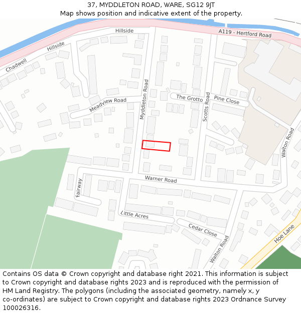 37, MYDDLETON ROAD, WARE, SG12 9JT: Location map and indicative extent of plot