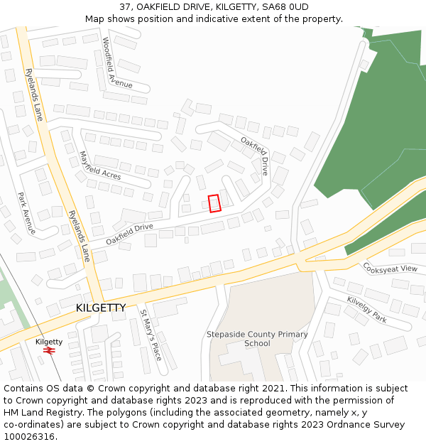 37, OAKFIELD DRIVE, KILGETTY, SA68 0UD: Location map and indicative extent of plot