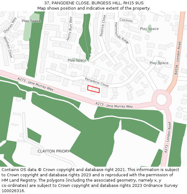 37, PANGDENE CLOSE, BURGESS HILL, RH15 9US: Location map and indicative extent of plot