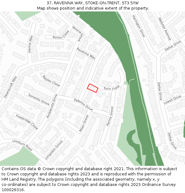 37, RAVENNA WAY, STOKE-ON-TRENT, ST3 5YW: Location map and indicative extent of plot
