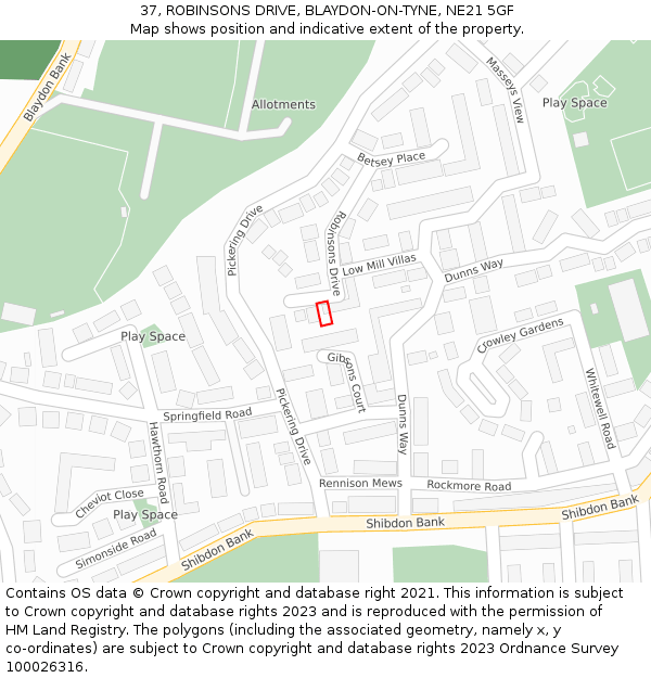37, ROBINSONS DRIVE, BLAYDON-ON-TYNE, NE21 5GF: Location map and indicative extent of plot