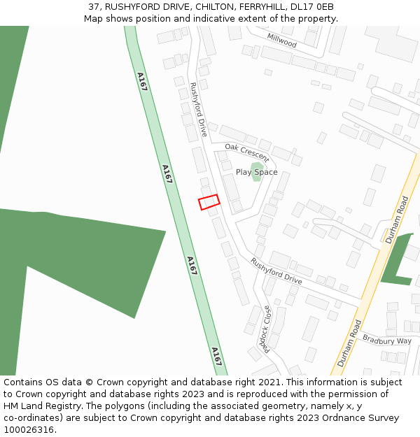 37, RUSHYFORD DRIVE, CHILTON, FERRYHILL, DL17 0EB: Location map and indicative extent of plot
