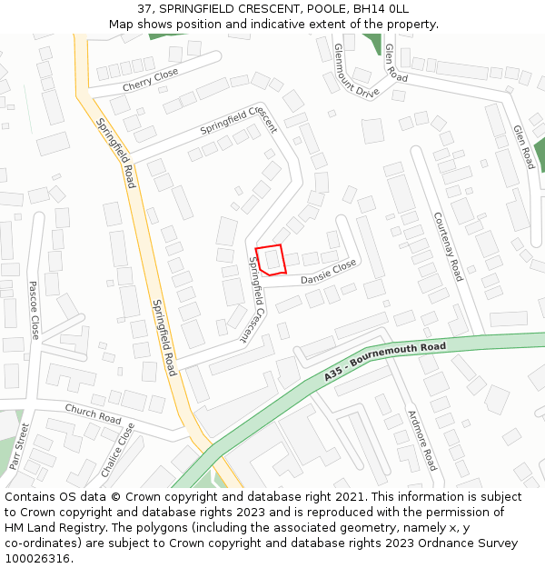 37, SPRINGFIELD CRESCENT, POOLE, BH14 0LL: Location map and indicative extent of plot