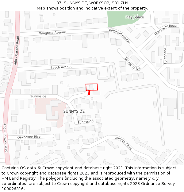 37, SUNNYSIDE, WORKSOP, S81 7LN: Location map and indicative extent of plot